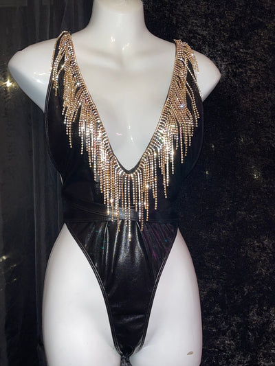 Black One-Piece, Very Body Flattering, Dripping with Gold Rhinstones